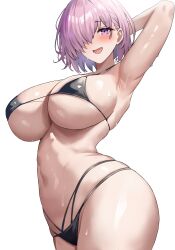 Rule 34 | 1girl, absurdres, alternate costume, arm up, armpits, bikini, black bikini, blush, breasts, fate/grand order, fate (series), hair over one eye, highres, jasony, large breasts, mash kyrielight, one eye covered, open mouth, paid reward available, pink hair, purple eyes, shiny skin, short hair, simple background, smile, solo, stomach, swimsuit, underboob, wet, white background