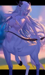 Rule 34 | 1girl, aqua eyes, arrow (projectile), black horns, blurry, blurry background, bow (weapon), braid, breasts, centaur, closed mouth, completely nude, curled horns, evening, eyelashes, highres, holding, holding arrow, holding bow (weapon), holding weapon, horns, large breasts, long hair, looking at viewer, misa (929382672), monster girl, nipples, nude, original, outdoors, pointy ears, red pupils, side braid, solo, tail, taur, very long hair, weapon