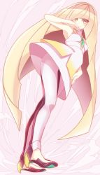 Rule 34 | 1girl, aisawa natsu, bare arms, blonde hair, breasts, closed mouth, creatures (company), dress, dutch angle, full body, game freak, gem, green eyes, high heels, highres, leggings, long hair, looking at viewer, lusamine (pokemon), nintendo, pokemon, pokemon sm, shoes, short dress, sleeveless, sleeveless dress, small breasts, smile, solo, standing, toeless footwear, very long hair, white dress