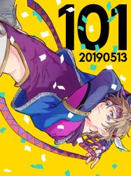 Rule 34 | 1boy, armlet, battle tendency, birthday, blonde hair, blue jacket, caesar anthonio zeppeli, closed mouth, commentary, confetti, cropped jacket, dated, facial mark, feather hair ornament, feathers, fingerless gloves, gloves, gold trim, green eyes, hair ornament, headband, highleg, jacket, jojo no kimyou na bouken, koeri, leotard, leotard under clothes, long sleeves, looking at viewer, male focus, official alternate costume, open fly, pants, pink leotard, short hair, sketch, solo, symbol-only commentary, triangle print, upside-down, white pants, yellow background