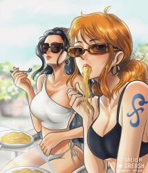Rule 34 | 2girls, arm tattoo, bikini, bikini bottom only, black bra, black hair, blue eyes, blurry, blurry background, bra, breasts, bush, chair, cleavage, crop top, earrings, eyewear on head, food, food in mouth, fork, friends, glass table, gold earrings, greciiagzz, hair slicked back, highres, hoop earrings, jewelry, large breasts, light blush, lipstick, long hair, looking at viewer, makeup, medium breasts, multiple girls, nail polish, nami (one piece), nico robin, on chair, one eye closed, one piece, orange eyes, orange hair, pasta, plant, plate, ponytail, potted plant, shoulder tattoo, sports bra, sunglasses, swimsuit, table, tank top, tattoo, thighs, underwear, watermark, white bikini, white tank top