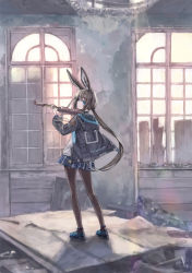 Rule 34 | 1girl, 54cr, amiya (arknights), animal ear fluff, animal ears, arknights, black jacket, black pantyhose, blue eyes, bow (music), brown hair, closed mouth, commentary request, from behind, full body, highres, holding, holding bow (music), indoors, instrument, jacket, long hair, long sleeves, looking at viewer, looking back, pantyhose, rabbit girl, shoes, smile, solo, standing, violin, window