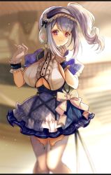 Rule 34 | 1girl, azur lane, bad id, bad pixiv id, bow, breasts, center frills, clothing cutout, dido (azur lane), dido (muse) (azur lane), dress, framed breasts, frilled dress, frills, gloves, headphones, highres, large breasts, light purple hair, long hair, looking at viewer, plaid, plaid dress, purple dress, purple eyes, shibaebi (yasaip game), short dress, short sleeves, side ponytail, sideboob, solo, two-tone dress, underboob, underboob cutout, white bow, white gloves