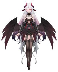 Rule 34 | absurdres, black dress, black thighhighs, black wings, breasts, closed mouth, dress, full body, garter straps, hair over one eye, highres, kamisaki rina, large breasts, long hair, official art, pubic tattoo, purple eyes, stardust project, tattoo, thighhighs, virtual youtuber, white hair, wings