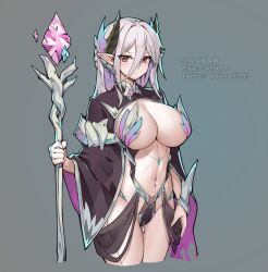 Rule 34 | 1girl, breasts, center opening, cropped legs, grey background, grey hair, hair between eyes, highres, holding, holding staff, horns, large breasts, navel, original, pointy ears, revealing clothes, rimworld, shrug (clothing), simple background, solo, staff, stmast