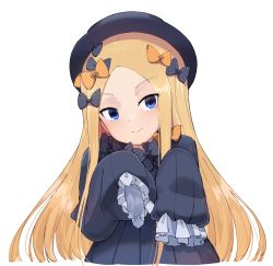 Rule 34 | 1girl, abigail williams (fate), absurdres, black bow, black dress, black headwear, blonde hair, blue eyes, bow, dress, fate/grand order, fate (series), hair bow, highres, long hair, multiple hair bows, orange bow, parted bangs, polka dot, polka dot bow, simple background, sketch, sleeves past fingers, sleeves past wrists, smile, solo, usuaji, very long hair, white background
