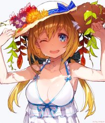 Rule 34 | 1girl, ;d, arms up, artist name, bare shoulders, blonde hair, blue eyes, breasts, cleavage, flower, hand on headwear, hat, highres, long hair, looking at viewer, medium breasts, mika pikazo, one eye closed, open mouth, original, smile, solo, straw hat, twintails, upper body