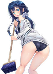 Rule 34 | 10s, 1girl, adagaki aki, angry, artist request, ass, bare shoulders, blue eyes, blush, breasts, broom, cleaning brush, d:, d:&lt;, from below, hair ornament, hair scrunchie, jacket, kneepits, long hair, looking back, low twintails, masamune-kun no revenge, nagayori, open mouth, school swimsuit, scrunchie, simple background, small breasts, solo, source request, swimsuit, swimsuit under clothes, tagme, track jacket, twintails, v-shaped eyebrows, white background