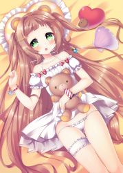 Rule 34 | 1girl, animal ears, bare shoulders, bear ears, bed, blush, bow, bracelet, brown hair, collarbone, dress, frilled pillow, frills, green eyes, groin, heart, heart-shaped pillow, holding, jewelry, long hair, looking at viewer, lowleg, lowleg panties, lying, natsume asato, on back, open mouth, original, panties, pillow, polka dot, scrunchie, shell, solo, star (symbol), striped, striped bow, stuffed animal, stuffed toy, teddy bear, thighlet, twintails, underwear, very long hair, white dress, wrist scrunchie