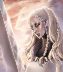 Rule 34 | 1girl, amy winterbreeze, armor, blonde hair, blue eyes, braid, cape, claymore (series), claymore (sword), eyelashes, eyeshadow, face, grey eyes, huge weapon, hysteria (claymore), lips, lipstick, long hair, makeup, nose, reflection, solo, weapon
