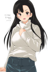 Rule 34 | 1girl, amasora taichi, artist name, asymmetrical bangs, black eyes, black hair, casual, commentary request, dated, girls und panzer, grey pants, hand on own chest, highres, long sleeves, looking at viewer, nishi kinuyo, one-hour drawing challenge, open mouth, pants, partial commentary, shirt, signature, simple background, smile, solo, standing, turtleneck, twitter username, white background, white shirt