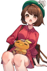 Rule 34 | 1girl, absurdres, arm support, backpack, bag, bob cut, breasts, brown bag, brown eyes, brown hair, buttons, collared dress, commentary request, creatures (company), dress, eyelashes, game freak, gen 3 pokemon, gloria (pokemon), green headwear, hat, highres, knees, large breasts, looking at viewer, medium breasts, nintendo, on lap, open mouth, pokemon, pokemon (creature), pokemon on lap, pokemon swsh, short hair, simple background, sitting, tam o&#039; shanter, teeth, tongue, torchic, upper teeth only, white background, ziro (zirorong)