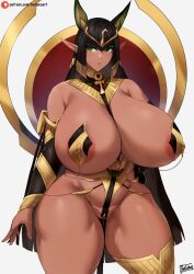 Rule 34 | 1girl, absurdres, areola slip, batako (batakoart), black hair, breasts, cleavage, curvy, green eyes, highres, huge breasts, large areolae, last origin, long hair, pointy ears, revealing clothes, sekhmet of death, solo, thick thighs, thighs, very long hair, wide hips
