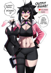 Rule 34 | 1girl, abs, absurdres, black gloves, black hair, black pants, breasts, cleavage, cropped jacket, fingerless gloves, gloves, hand on own hip, highres, jacket, large breasts, lips, looking at viewer, mole, mole under mouth, navel, open mouth, original, pants, pink jacket, purple eyes, rageman709, scar, scar on face, short hair, simple background, solo, speech bubble, white background