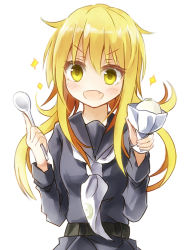 10s 1girl :d bad_id bad_pixiv_id black_serafuku blonde_hair fang food harapekopikachu ice_cream kantai_collection long_hair neckerchief open_mouth satsuki_(kancolle) school_uniform serafuku smile solo sparkle spoon white_neckerchief yellow_eyes