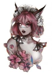 1girl animal_ears black_lips cat_ears choker commission heterochromia highres inoaart lipstick looking_at_viewer maid_headdress makeup medium_hair original parted_lips red_eyes red_hair simple_background solo spiked_choker spikes upper_body white_background