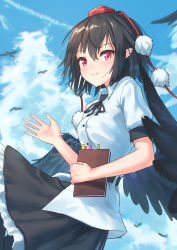 Rule 34 | 1girl, bird, black hair, black legwear, black ribbon, black skirt, black wings, blue sky, book, breasts, chromatic aberration, cloud, commentary request, contrail, cowboy shot, day, feathered wings, hair between eyes, hat, highres, holding, holding book, looking at viewer, medium breasts, neck ribbon, outdoors, petticoat, pointy ears, pom pom (clothes), puffy short sleeves, puffy sleeves, red eyes, ribbon, roke (taikodon), shameimaru aya, shirt, short hair, short sleeves, sidelocks, skirt, sky, smile, solo, tassel, tokin hat, touhou, white shirt, wing collar, wings