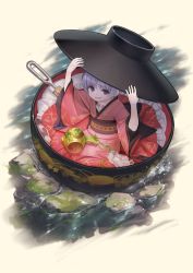 Rule 34 | 1girl, :d, adjusting clothes, adjusting headwear, bowl, bowl hat, full body, grey background, hat, highres, japanese clothes, kimono, long sleeves, looking at viewer, lower teeth only, masakichi (mmw), mini person, minigirl, miracle mallet, needle, obi, official art, open mouth, pink kimono, purple eyes, purple hair, rock, sash, short hair, simple background, smile, solo, strange creators of outer world, sukuna shinmyoumaru, teeth, third-party source, touhou, water, wide sleeves