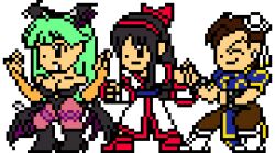 Rule 34 | 3girls, ainu clothes, black hair, breasts, brown hair, capcom, capcom vs snk, chinese clothes, chun-li, closed eyes, crossover, double bun, fighting stance, fingerless gloves, gloves, green hair, hair bun, hair ribbon, large breasts, legs, leotard, long hair, morrigan aensland, multiple girls, nakoruru, pants, pantyhose, pixel art, ribbon, samurai spirits, small breasts, smile, snk, street fighter, the king of fighters, thick thighs, thighs, weapon