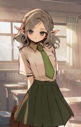 1boy androgynous arms_behind_back bag blush classroom collared_shirt crossdressing dungeon_meshi elf green_necktie green_skirt grey_eyes grey_hair half_up_braid highres indoors looking_at_viewer male_focus mayomayoland medium_hair mithrun mithrun_(young) necktie pointy_ears school_bag shirt skirt smile solo trap wavy_hair white_shirt