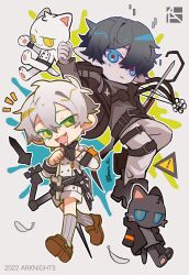 Rule 34 | 2boys, animalization, arknights, armband, black footwear, black gloves, black jacket, blue eyes, blue hair, boots, bow (weapon), brown footwear, cat, closed mouth, crossbow, crossed fingers, dagger, fang, faust (arknights), feathers, gloves, green eyes, grey sweater, highres, jacket, knife, mephisto (arknights), multiple boys, open mouth, pale skin, pants, pointy ears, scales, sheath, sheathed, shoes, single glove, smile, snake tail, socks, south ac, sweater, tail, turtleneck, turtleneck sweater, weapon, white hair, white jacket, white pants, white socks