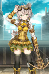 Rule 34 | 1girl, age of ishtaria, ahoge, animal ears, arrow (projectile), ascot, bag, belt, black thighhighs, blue sky, boots, bow (weapon), building, cloud, company name, copyright notice, cross-laced footwear, crossbow, day, dress, eyebrows, goggles, goggles on head, green eyes, hair between eyes, hand on own head, handbag, highres, holding, holding weapon, lace-up boots, long hair, mouse (animal), mouse ears, namaru (summer dandy), official art, silver hair, sky, smile, solo, thighhighs, toki no ishutaria, twintails, weapon