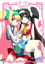 Rule 34 | 2girls, bare shoulders, black hair, blazblue, blonde hair, carrying, dual persona, gloves, green eyes, green skirt, hairband, heart, highres, kaname nagi, long hair, looking at viewer, multiple girls, platinum the trinity, princess carry, skirt, two side up, white gloves, white skirt