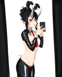Rule 34 | :p, absurdres, ameiarts, animal ears, areola slip, between breasts, black hair, black hairband, black nails, black thighhighs, breasts, cellphone, cowboy shot, dated, facial mark, fake animal ears, fake tail, finger to mouth, hair bun, hairband, highres, holding, holding phone, horns, large breasts, long sleeves, looking at viewer, maebari, meme attire, nail polish, navel, necktie, necktie between breasts, original, pasties, phone, rabbit ears, rabbit tail, red eyes, red necktie, reverse bunnysuit, reverse outfit, selfie, short hair, shrug (clothing), sidelocks, single hair bun, smartphone, tail, thighhighs, tongue, tongue out