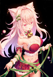 Rule 34 | 1girl, aaeru, animal ears, arm garter, armpits, bare shoulders, bell, bow, bowtie, breasts, cat ears, christmas, cleavage, commentary request, cowboy shot, crop top, ear piercing, fang, garter straps, green ribbon, hair bow, hair intakes, highres, large breasts, long hair, looking at viewer, midriff, miniskirt, navel, open mouth, original, piercing, red eyes, red skirt, ribbon, skirt, sleeveless, smile, solo, spaghetti strap, stomach, white hair