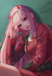 Rule 34 | 1girl, absurdres, adjusting hair, bad id, bad pixiv id, belt, breasts, buttons, candy, chain, chromatic aberration, commentary, darling in the franxx, eyelashes, eyeshadow, fingernails, food, green background, green eyes, hairband, hand up, head tilt, high collar, highres, holding, holding candy, holding food, holding lollipop, horns, jacket, lips, lollipop, long hair, long sleeves, looking at viewer, makeup, medium breasts, micat, nail polish, necktie, oni horns, orange necktie, pink hair, red horns, red jacket, red lips, sidelocks, sitting, solo, thighs, uniform, very long hair, white hairband, zero two (darling in the franxx)