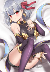 Rule 34 | 1girl, armlet, armor, bare shoulders, bikini armor, blush, bracelet, breasts, collar, detached sleeves, dress, earrings, fate/grand order, fate (series), floral print, hair ribbon, highres, jewelry, kama (fate), kama (first ascension) (fate), looking at viewer, lying, metal collar, miniskirt, on back, pelvic curtain, purple dress, purple skirt, purple sleeves, purple thighhighs, red eyes, ribbon, ring, short hair, silver hair, skirt, small breasts, smile, solo, thighhighs, thighlet, thighs, tyone