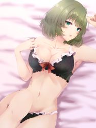 Rule 34 | 1girl, :o, arm up, armpits, bad id, bad twitter id, bare arms, bed, bed sheet, black bra, black panties, blue eyes, blush, bra, breasts, chestnut mouth, cleavage, collarbone, frill trim, frills, from above, green eyes, green hair, highres, idolmaster, idolmaster cinderella girls, knee up, lace, lace-trimmed bra, lace trim, large breasts, looking at viewer, lying, mole, mole under eye, navel, on back, on bed, panties, ryuu., short hair, solo, strap slip, takagaki kaede, underwear