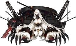 Rule 34 | 10s, 1girl, absurdly long hair, abyssal ship, akira (kadokawa), breasts, cannon, claws, crane (machine), dress, garter straps, horns, huge breasts, kantai collection, kneeling, long arms, long hair, machinery, official art, ribbed dress, ribbed legwear, seaport water oni, short dress, single horn, solo, thighhighs, transparent background, very long hair, white hair, zettai ryouiki