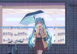Rule 34 | 1girl, absurdres, ahoge, bag, bicycle, blue eyes, blue hair, cellphone, closed mouth, coat, collared shirt, gorae15, hair between eyes, hair ornament, handbag, hatsune miku, highres, holding, holding phone, holding umbrella, long hair, miniskirt, necktie, open clothes, open coat, outdoors, phone, pleated skirt, rain, red necktie, red skirt, shirt, skirt, smartphone, solo, standing, twintails, umbrella, very long hair, vocaloid, white shirt, wing collar, yellow coat