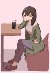 Rule 34 | 1girl, alternate costume, breasts, brown eyes, brown footwear, brown hair, cardigan, commentary, cup, drinking straw, full body, green cardigan, hair over shoulder, hand on own hip, hand on own cheek, hand on own face, highres, indoors, jitome, kaga (kancolle), kantai collection, large breasts, crossed legs, long hair, looking at viewer, off-shoulder cardigan, oishii ryokutya, pants, shirt, shoes, side ponytail, sitting, sleeveless, sleeveless shirt, solo