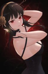 Rule 34 | 1girl, absurdres, adjusting hair, armpit peek, arms up, bare shoulders, black dress, black hair, breasts, commentary, dress, fingerless gloves, flower, from side, glint, gloves, gold hairband, hair flower, hair ornament, hairband, highres, large breasts, lichiko, light blush, lips, looking at viewer, looking to the side, off shoulder, red eyes, rose, short hair with long locks, sideboob, sidelocks, solo, spy x family, upper body, yor briar
