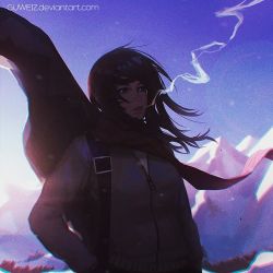 Rule 34 | 1girl, artist name, backlighting, black hair, blue sky, buckle, cigarette, closed mouth, coat, day, grey coat, guitar case, guweiz, holding, holding behind back, instrument case, long sleeves, mountain, mouth hold, original, over shoulder, red scarf, scarf, short hair, sky, smile, smoke, smoking, snow, solo, sunlight, watermark, web address, winter clothes, winter coat, zipper