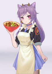 Rule 34 | 1girl, absurdres, alternate costume, apron, beef, bowl, collarbone, cone hair bun, dress, food request, frilled dress, frills, genshin impact, hair bun, highres, holding, holding bowl, jewelry, jiao cat, keqing (genshin impact), long hair, looking at viewer, necklace, pantyhose, purple eyes, purple hair, simple background, solo, twintails, white background