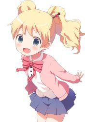 Rule 34 | 1girl, alice cartelet, blonde hair, blue eyes, blush, buchi (y0u0ri ), cardigan, hair ornament, hair stick, highres, kin-iro mosaic, open cardigan, open clothes, open mouth, pleated skirt, ribbon, school uniform, skirt, smile, solo, standing, twintails