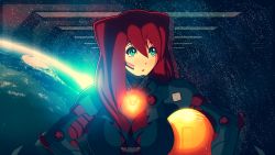 Rule 34 | 1girl, aqua eyes, blue bodysuit, bodysuit, breasts, earth (planet), erkerut, helmet, highres, holding, large breasts, long hair, open mouth, planet, red hair, sky, solo, space, space station, spacesuit, star (sky), star (symbol), starry background, starry sky