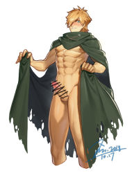 Rule 34 | 1boy, abs, bar censor, blonde hair, blush, cape, censored, cum, erection, fate/extra, fate/grand order, fate (series), green eyes, hair over one eye, jin (sirius-j), male focus, muscular, naked cape, orange hair, pectorals, penis, robin hood (fate), smile, solo, upper body