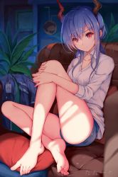 Rule 34 | 1girl, absurdres, arknights, artist name, bare legs, barefoot, blue hair, blue shorts, breasts, ch&#039;en (arknights), collarbone, commentary request, feet, female focus, hair between eyes, head tilt, highres, horns, indoors, knee up, long hair, long sleeves, looking at viewer, medium breasts, plant, rafael-m, red eyes, shirt, short shorts, shorts, sidelocks, signature, sitting, solo, thighs, white shirt, wing collar
