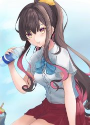 Rule 34 | 1girl, alternate hairstyle, aqua bow, aqua bowtie, black hair, bottle, bow, bowtie, breasts, day, food, highres, kantai collection, long hair, looking at viewer, multicolored hair, naganami (kancolle), naganami kai ni (kancolle), outdoors, pink hair, ponytail, popsicle, remimiku, shirt, sitting, skirt, small breasts, two-tone hair, water bottle, watermelon bar, white shirt