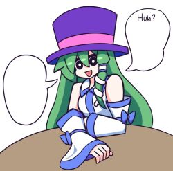Rule 34 | 1girl, bare shoulders, black eyes, female focus, gensin, green hat, hat, long hair, looking at viewer, meme, open mouth, solo, table, top hat, touhou, triangle mouth, white background, wide sleeves