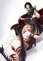 Rule 34 | 2girls, black sclera, blonde hair, bondage outfit, boots, collar, colored sclera, couch, crotch zipper, facial mark, forehead mark, fubuki (one-punch man), glasgow smile, high heel boots, high heels, highres, holding, holding whip, kaijin hime do-s, leg worship, licking, licking leg, looking at viewer, multiple girls, one-punch man, pink eyes, sharp teeth, sitting, spiked collar, spikes, spykeee, teeth, thigh boots, thighhighs, tongue, tongue out, whip, zipper, zipper panties