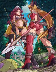 Rule 34 | 1boy, 2girls, alternate costume, angela (seiken densetsu 3), animal ear fluff, animal ears, armor, ass, back, bare shoulders, belt, bikini, bikini armor, blonde hair, blue eyes, blue sky, boots, breasts, cape, chain, cloud, duran (seiken densetsu 3), elbow gloves, fenrir knight, full body, fur trim, gloves, green eyes, hand on own hip, headgear, heels, high heels, highres, holding, holding polearm, holding spear, holding staff, holding weapon, horns, huge ass, long hair, looking at viewer, looking back, low-tied long hair, magus (seiken densetsu 3), medium breasts, multiple girls, nervous, official alternate costume, open mouth, outdoors, parted bangs, pelt, pointy ears, polearm, ponytail, purple hair, rabite (seiken densetsu), red bikini, revealing clothes, riesz, scared, seiken densetsu, seiken densetsu 3, shoes, sidelocks, sky, spear, square enix, staff, standing, sweatdrop, swept bangs, swimsuit, tail, teeth, thigh boots, thighhighs, thighs, thong, treasure chest, tree, upper teeth only, very long hair, weapon, wolf ears, wolf tail