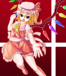 Rule 34 | 1girl, ascot, blonde hair, fang, fingernails, flandre scarlet, hand up, hat, hat ribbon, kinosuke (pixiv219368), kiyukisuke, leg up, looking at viewer, mary janes, mob cap, open hand, open mouth, outstretched arm, red background, red eyes, ribbon, sash, shoes, short hair, short sleeves, side ponytail, skirt, skirt set, solo, striped, striped background, touhou, wings