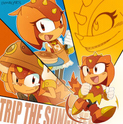 Rule 34 | 1girl, absurdres, apron, brown eyes, character name, clenched hands, drawligator, food, furry, furry female, gloves, helmet, highres, looking at viewer, multiple views, open mouth, pancake, sharp teeth, signature, smile, solo, sonic (series), sonic superstars, spoilers, tail, tears, teeth, trip the sungazer, white gloves