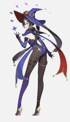 Rule 34 | 1girl, absurdres, ass, bare back, black gloves, black hair, black pantyhose, blue eyes, bow, cape, commentary request, detached sleeves, earrings, from behind, fur-trimmed cape, fur trim, genshin impact, gloves, hair between eyes, hair bow, hair ornament, hair ribbon, hat, high heels, highres, jewelry, leaning forward, leotard, long hair, long sleeves, looking at viewer, looking back, mona (genshin impact), pantyhose, purple leotard, ribbon, rikui (rella2930), sidelocks, simple background, solo, twintails, vision (genshin impact), witch hat