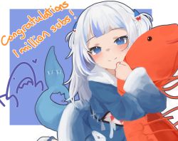 Rule 34 | 1girl, absurdres, blue background, blue hair, blue hoodie, blunt bangs, blush, border, closed mouth, commentary, congratulations, dot nose, english commentary, fins, fish tail, gawr gura, gawr gura (1st costume), green eyes, heart, highres, hololive, hololive english, hood, hoodie, hug, klaius, long hair, looking at viewer, milestone celebration, multicolored hair, shark tail, smile, solo, streaked hair, stuffed shrimp, tail, two side up, virtual youtuber, white border, white hair
